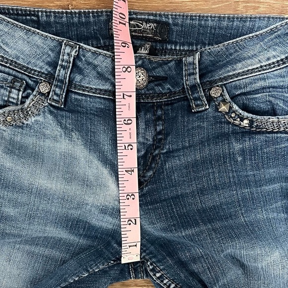 SILVER SUKI Y2K Low Rise Flap Pocket Bootcut Jeans Embellished Pocket Size 28x33 - Picture 9 of 10